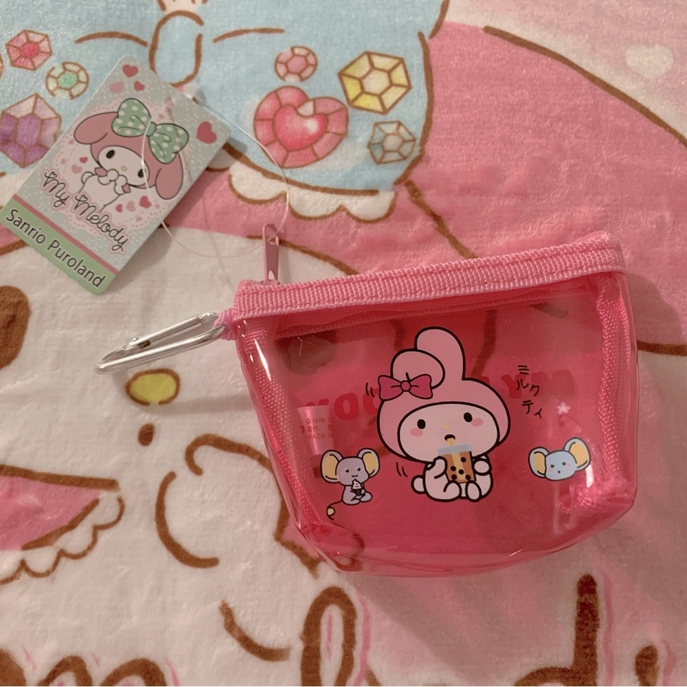 My Melody Drinking Boba Pink Clear Plastic Small Zip Coin Pouch NWT